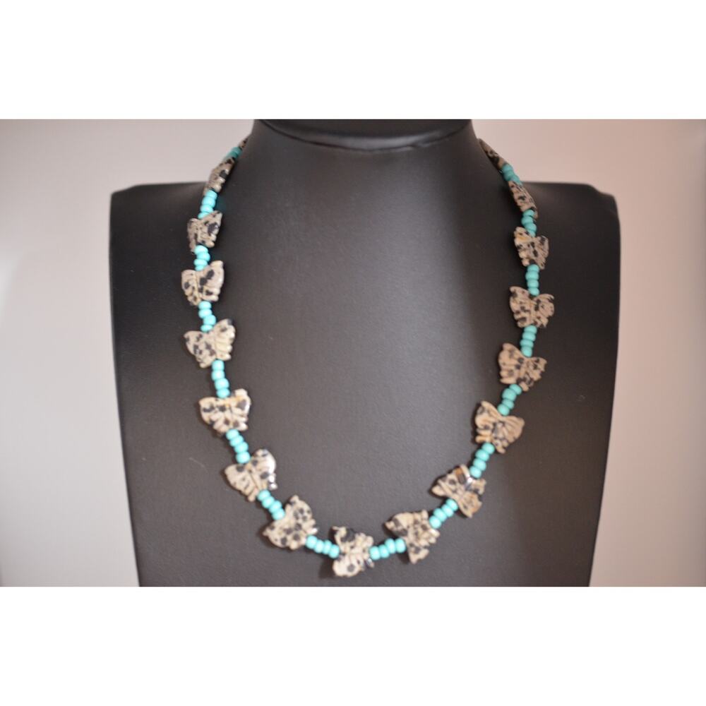 Navajo Mary W Roanhorse Carved Dalmatian Jasper Turquoise Glass Necklace - Small
